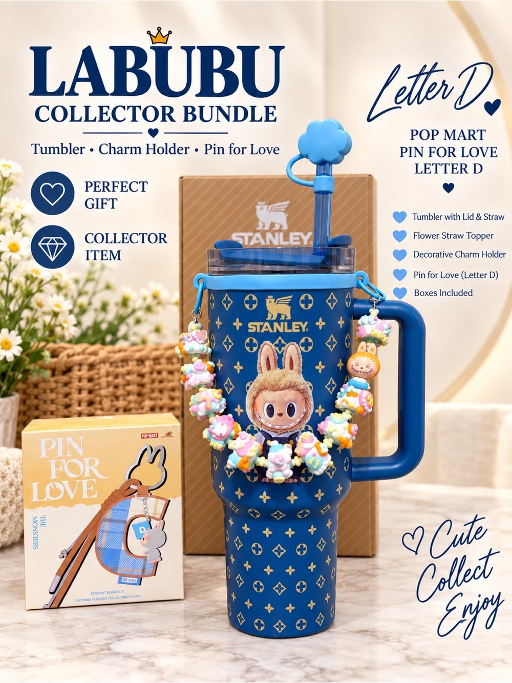 Stanley Custom Design Labubu Tumbler Bundle Charm Holder & Pin for Love Letter D